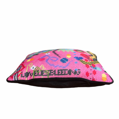 modern woman's face with mouth open; a smattering of cool snakes with lips; pills; XO . Super colorful pink velvet background with lots of blues, greens, red hearts. Super fun pop art!