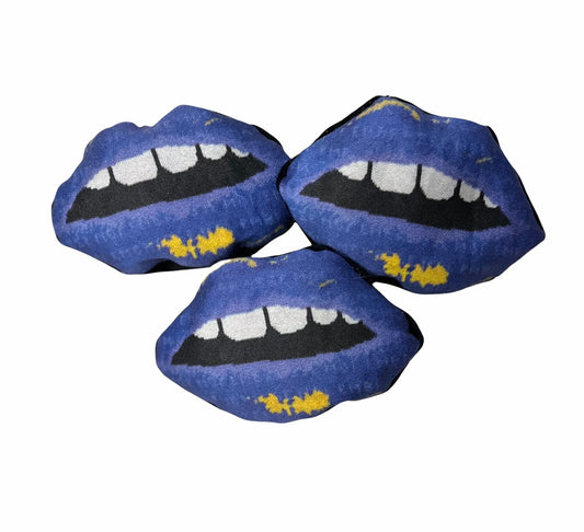 blue lips-shaped lavender sachets with open mouth & gapped teeth