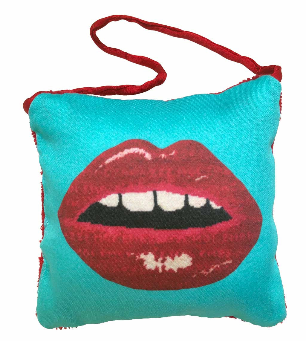 puffed pillow square ornament full red lips with open mouth and gapped teeth on turquoise background