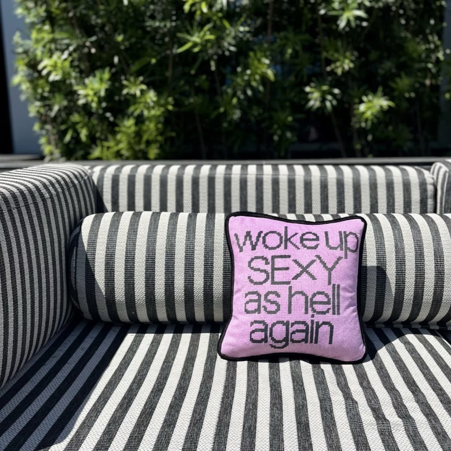 woke up sexy as hell in black, centered on pillow with pink background, striped sofa miami