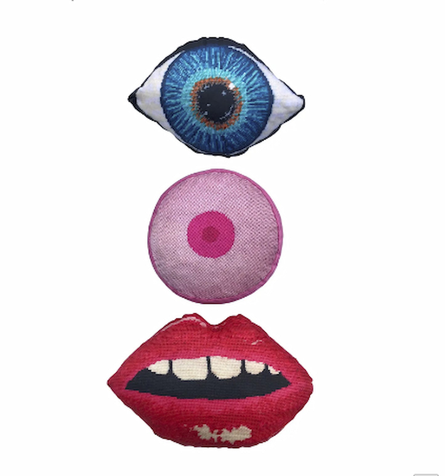 sculpted blue eye, pink boob and red lips pillow set