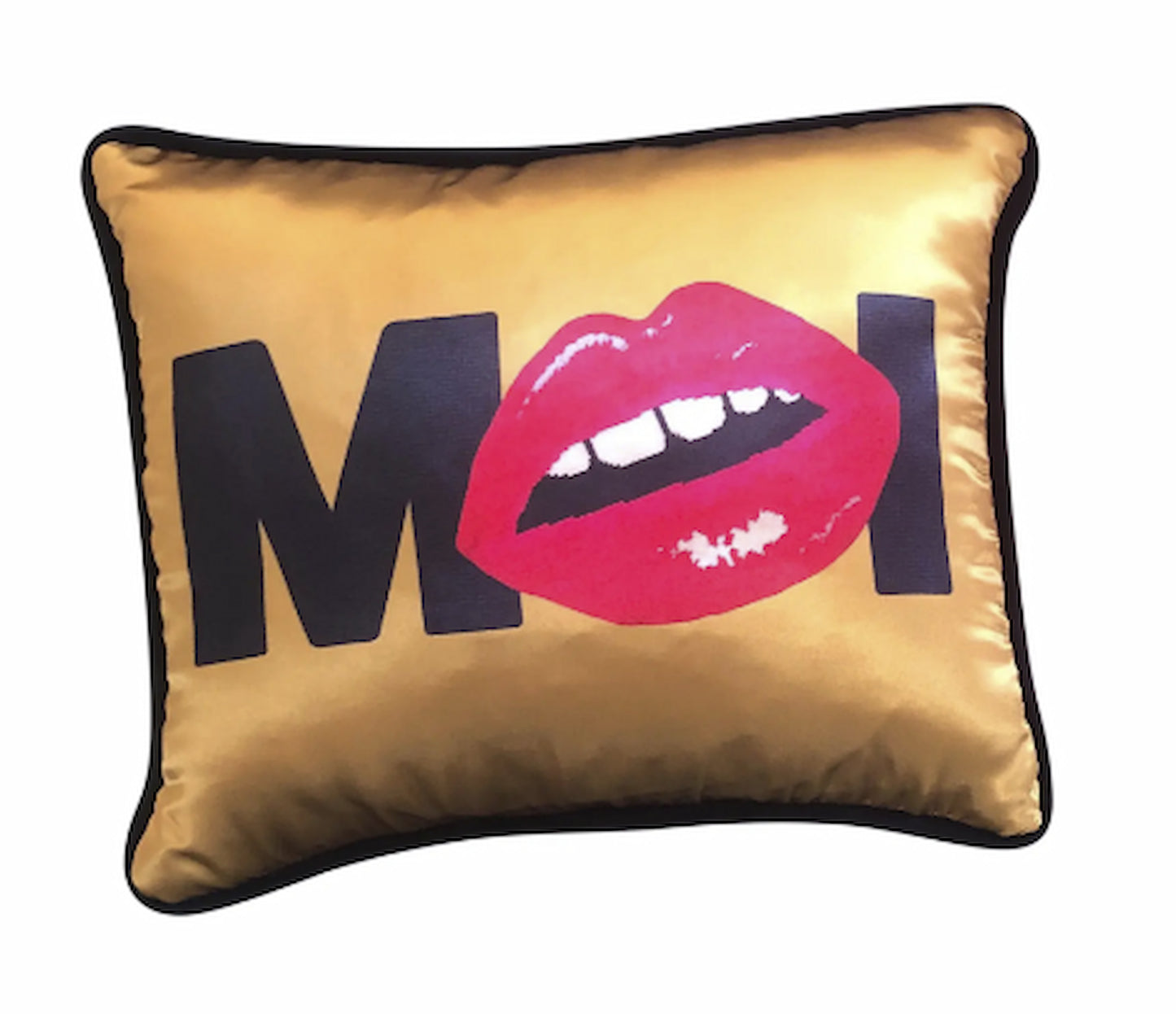 gold satin pillow with MOI written in black, red lips replacing the O