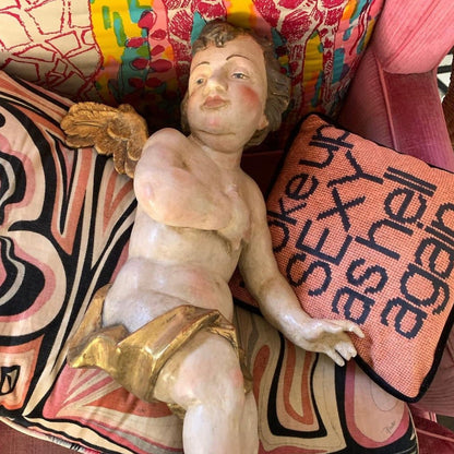 woke up sexy as hell in black, centered on pillow with copper background