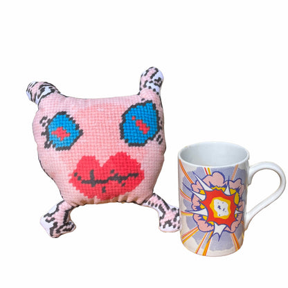 sweet monster sculpted plush pillow with big blue eyes and lips