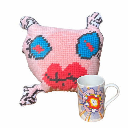sweet monster sculpted plush pillow with big blue eyes and lips