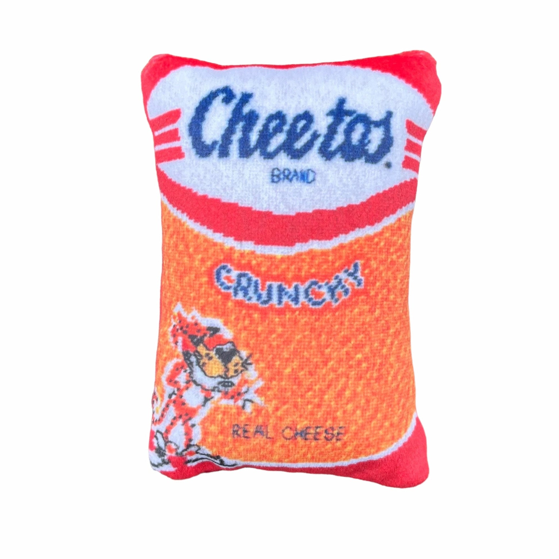 Velvet pillow with Cheetos crunchy logo and Chester - looks like a bag of Cheetos