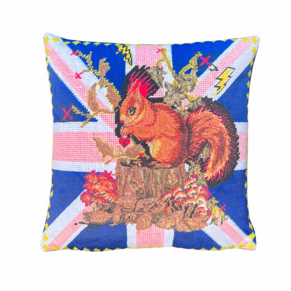 red squirrel with hot pink mohawk sits on a log, surrounded by British flag, shocking purple mushrooms, lightening bolts