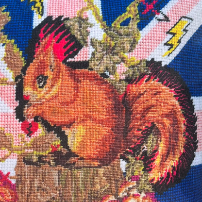 red squirrel with hot pink mohawk sits on a log, surrounded by British flag, shocking purple mushrooms, lightening bolts