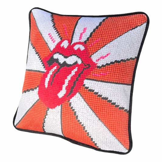 the rolling stones tongue with pink highlights on a gold and white fanned out backgroundiconic rolling stones tongue with carousel gold and white bands, hot pink highlights