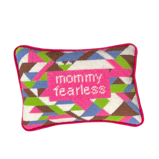 needlepoint MOMMY FEARLESS in hot pink box centered on pillow, surrounded by purple, lime, white & brown geometrics