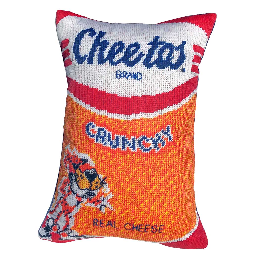 Cheetos pillow with crunchy logo and Chester - looks like a bag of Cheetos