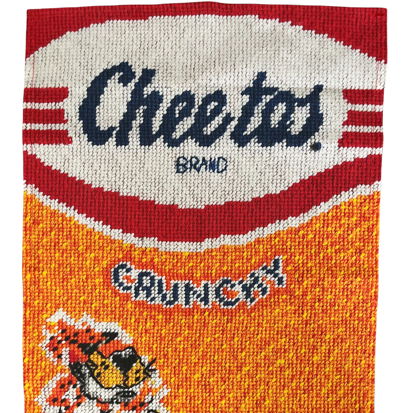 Tea towel with Cheetos crunchy logo and Chester - looks like a bag of Cheetos