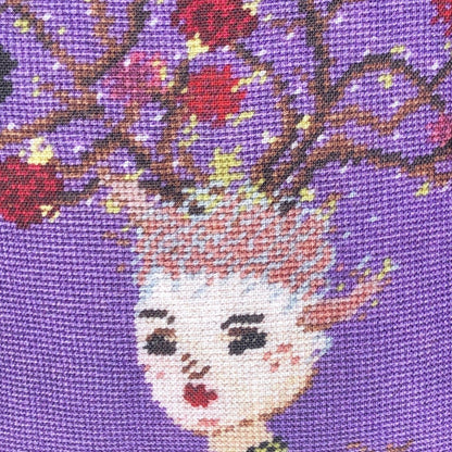 deer girl with roses bush head, black crow sitting on a branch, purple background, whimsical
