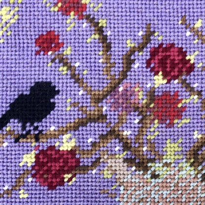 deer girl with roses bush head, black crow sitting on a branch, purple background, whimsical