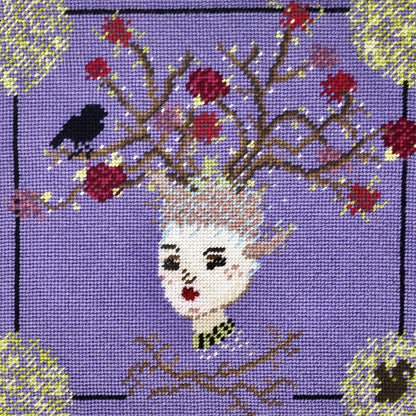 deer girl with roses bush head, black crow sitting on a branch, purple background, whimsical