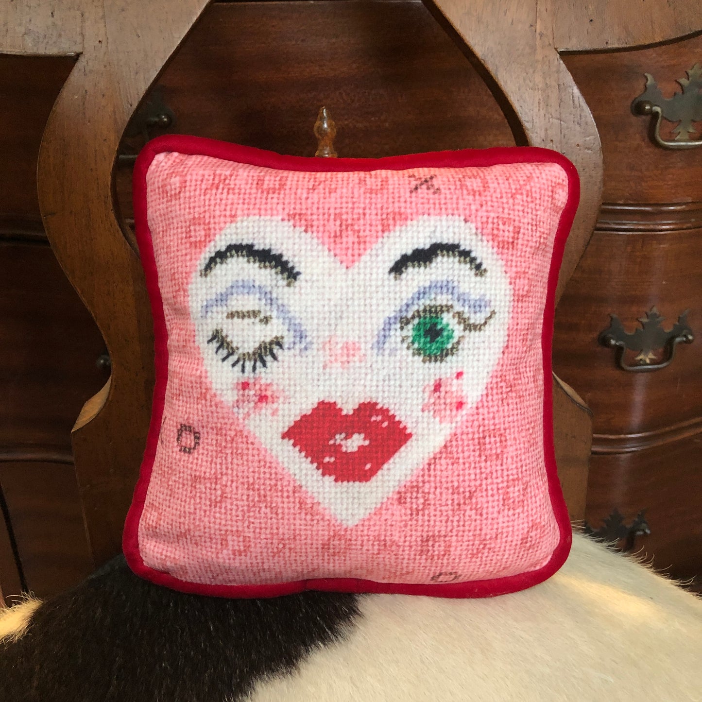 pink velvet lavender pillow with with heart face, winking, green eye & full lips