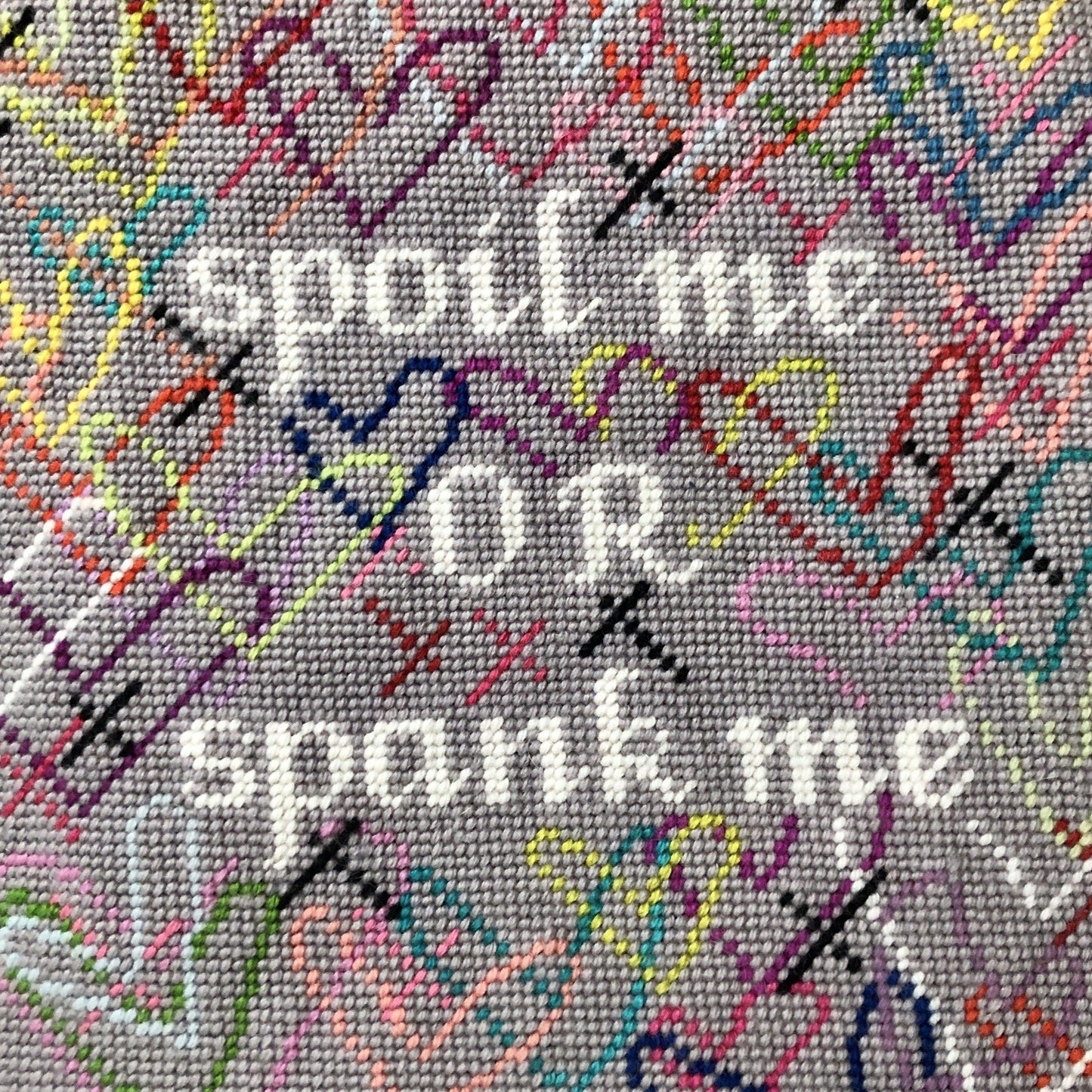 needlepoint SPOIL ME OR SPANK ME in white, surrounded by brightly colored hearts and a soft gray background