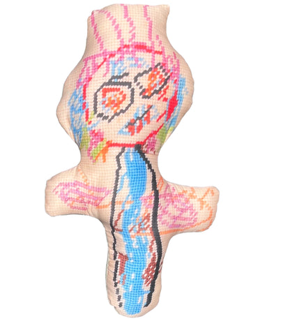 sculpted, colorful abstract monster with big eyes & wild hair