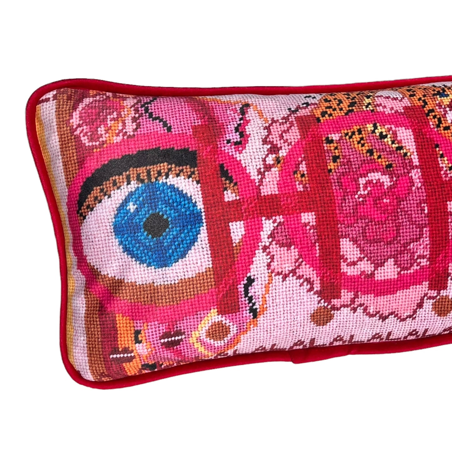 velvet pillow with pink and red colorful pattern, blue eye, cheetah, heart snakes, roses and lettering OOH in center with a LA LA LA border