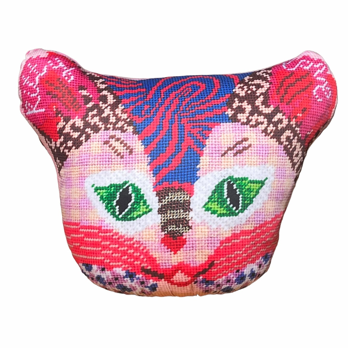 Multi-patterned sculpted cat in primarily pink and red colored with a checked face, swirls, leopard print , green eyes & flowers. Kitty Love is written on the ears.