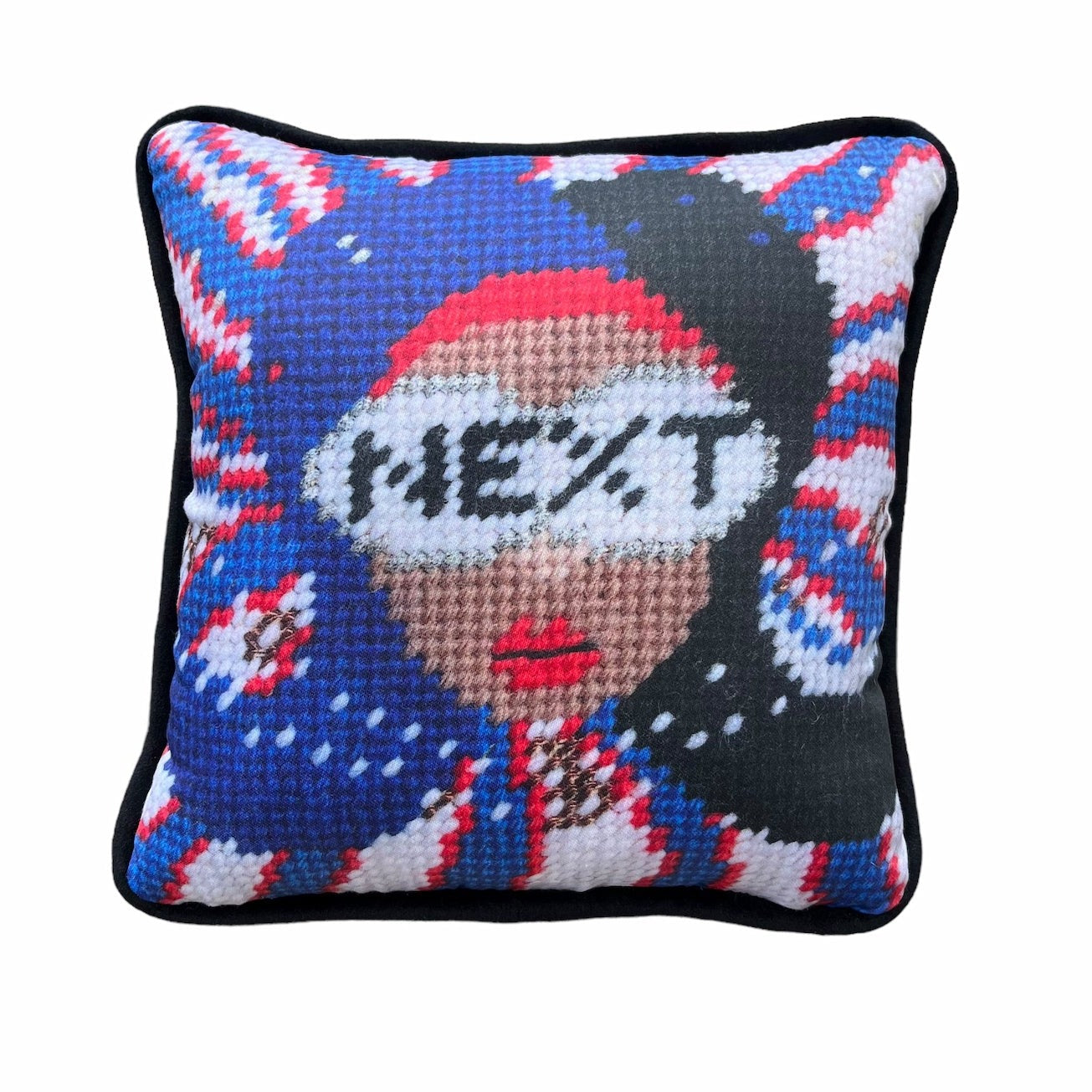 red, white & blue pillow with lady centered, flipped black hair, pearl necklace and sunglasses that say NEXT